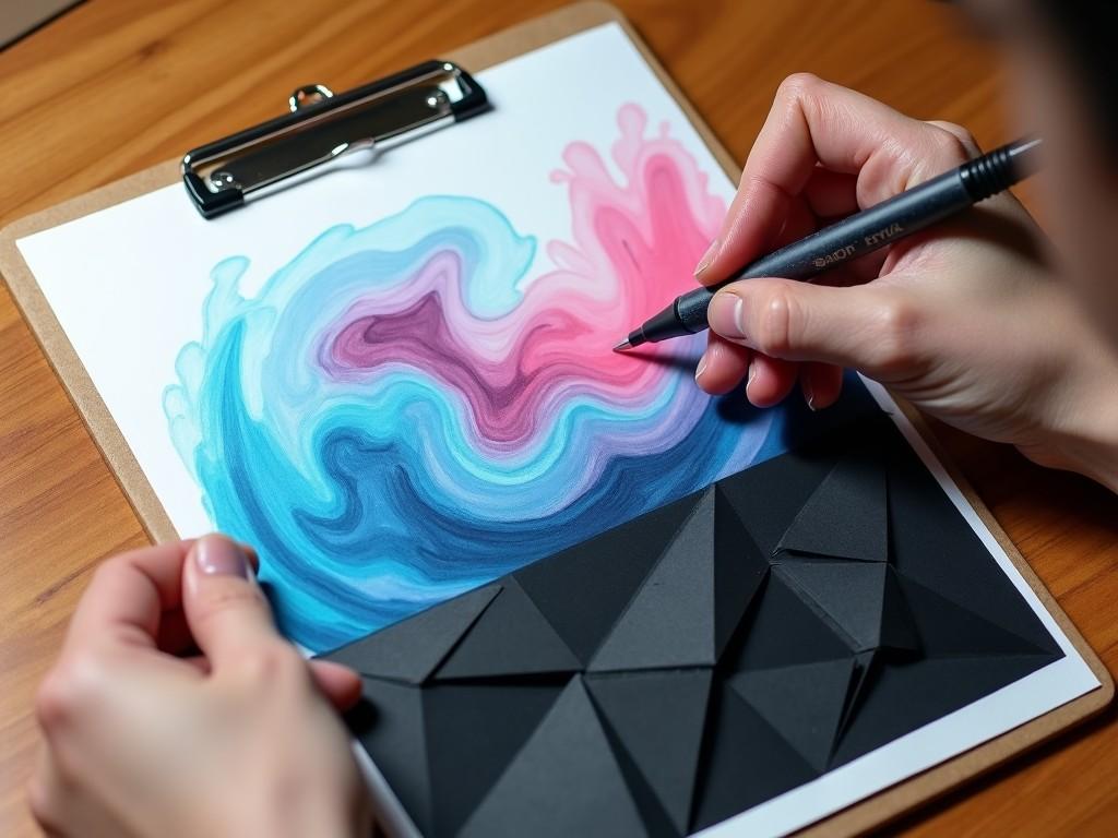 A hand is skillfully coloring a geometric abstract design on a clipboard, using a pen on a wooden table. The top half features a swirling, abstract design with blue and pink hues, resembling soft, cloud-like shapes. The bottom half is a structured section with angular black geometric patterns, similar to folded paper. This image showcases an artistic process that contrasts vibrant colors with dark geometric shapes. It conveys a feeling of fluidity meeting structure in art creation.