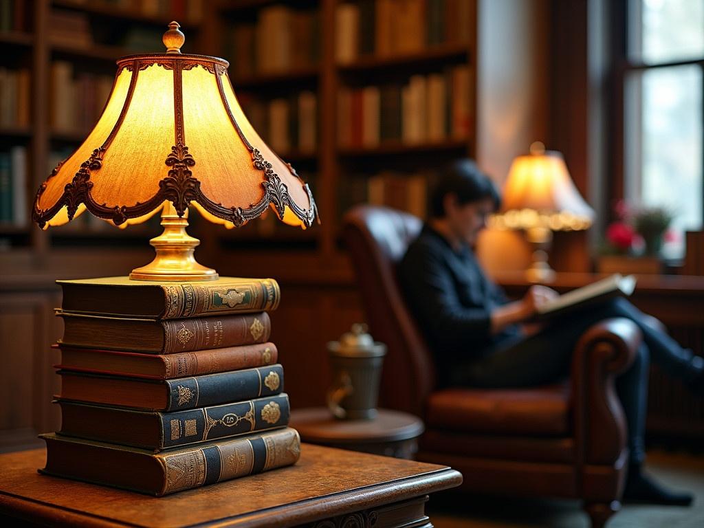 The image features a cozy library setting with a beautiful lamp made from books. The lamp has a unique design, where the lampshade is formed by the spines of the books, showcasing ornate decorations and titles. In the background, there is a plush leather armchair where a person is sitting quietly while reading a book. The room is warmly lit with a vintage ambiance, complete with bookshelves filled with more books. Near the window, additional lighting adds to the inviting atmosphere of this reading nook.