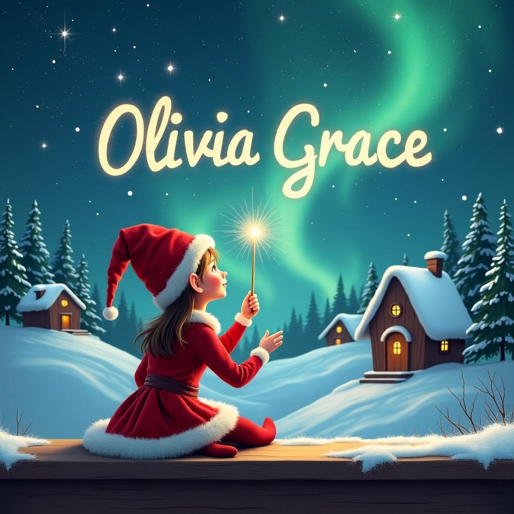 Girl elf sits on wooden ledge with back to camera. Gazes at magical sky. Dressed in red outfit with pointed hat. Holds sparkling wand. Writes 'Olivia Grace' in starry sky. Background features snowy landscape with charming houses and evergreen trees.