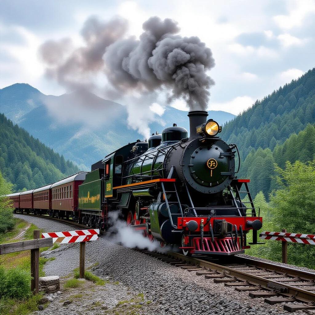A hyperrealistic photograph capturing a large steam locomotive in the Romanian Carpathians. The locomotive is a 1870 'Consolidation' type and occupies most of the frame. Steam billows from the stack. The train crosses a mountain road at a barrier with cars stopped blurred behind it. Captured with extreme detail, showing rivets and rust streaks. A pine forest and distant peaks form a creamy bokeh background. A driver is visible in the cab, reflecting awe. The scene has a cinematic quality with implied sound waves distorting elements.