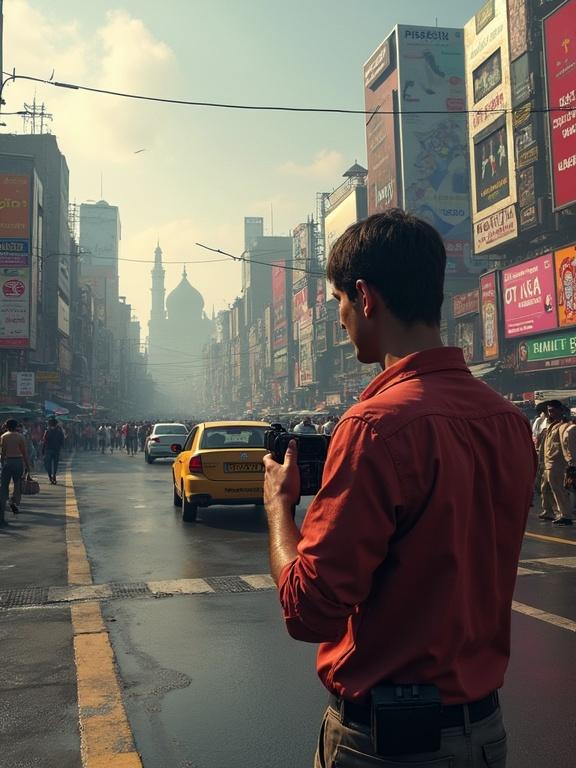 Photo of a bustling city street in Mumbai. Capture the essence of urban life in India. A person stands in the foreground holding a camera. Include iconic landmarks in the background along with traffic and pedestrians. Show the atmosphere of Mumbai with advertisements and haze.