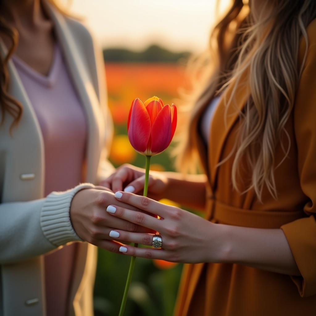 Couple holding a tulip flower in a field during golden hour. Two women are gently holding the flower with warm sunlight illuminating their hands.