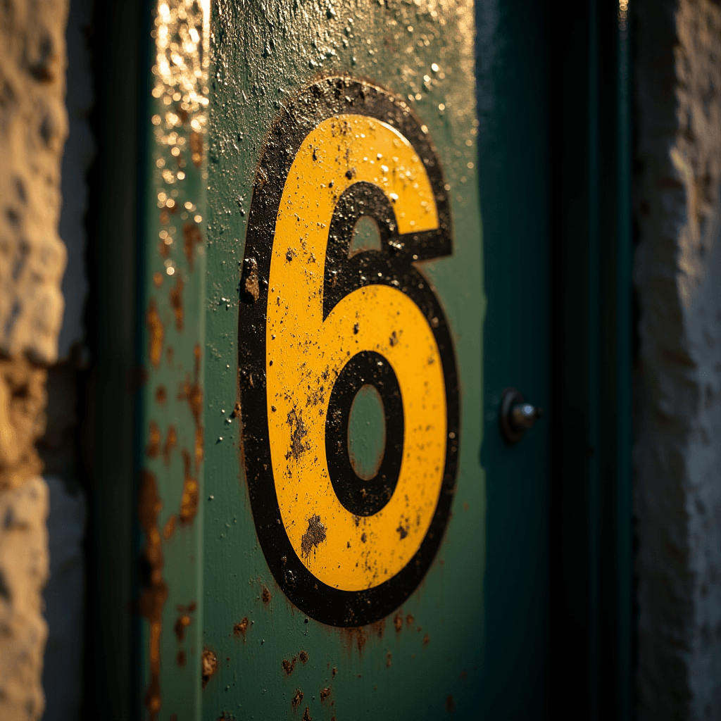 A large yellow number six on a rusty, green metallic door under warm sunlight.