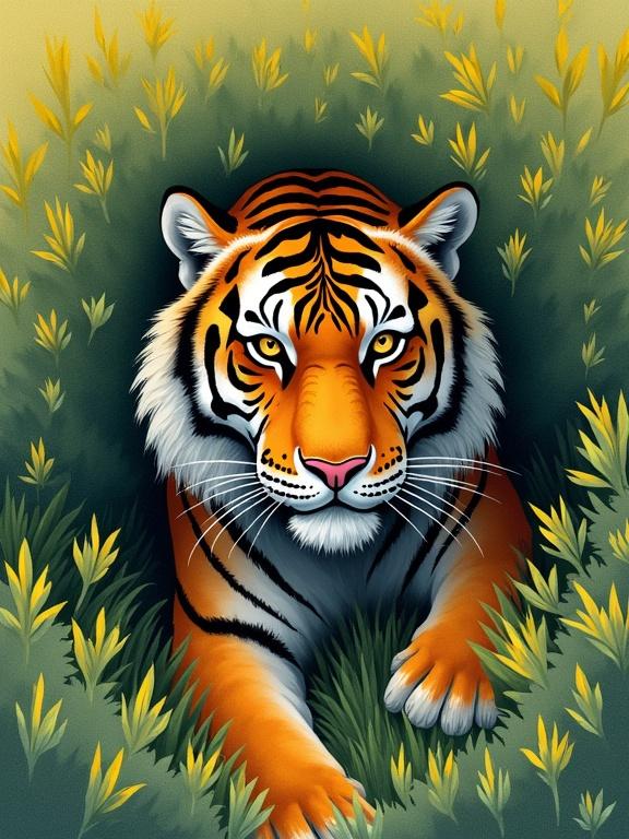 Image of a tiger hiding in green and yellow bushes. Tiger is partially obscured, blending into the surroundings. Focus on its face and eyes. Ambushing prey atmosphere.