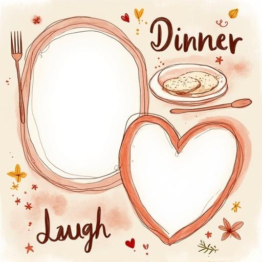 A hand-drawn style photo collage with a warm dinner gathering theme. Two blank decorative photo frames with playful hand-drawn borders. One large oval frame in the upper left area, one smaller heart-shaped frame in the bottom right. Background includes subtle pencil sketches of dishes, cutlery, wine glasses, and food. Three words - Dinner, Laugh, and Joy in whimsical font. Overall design feels casual, intimate, and celebratory.