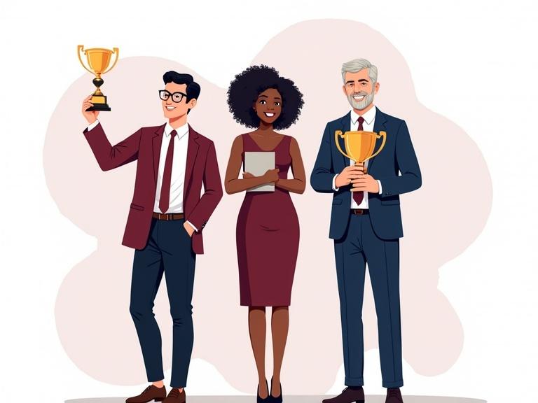 Drawing features three adults in professional clothing. Left figure holds a small trophy and microphone. Central figure holds the largest trophy. Right figure holds a medium-sized trophy. Color palette includes maroons and navy blues. Background is transparent.