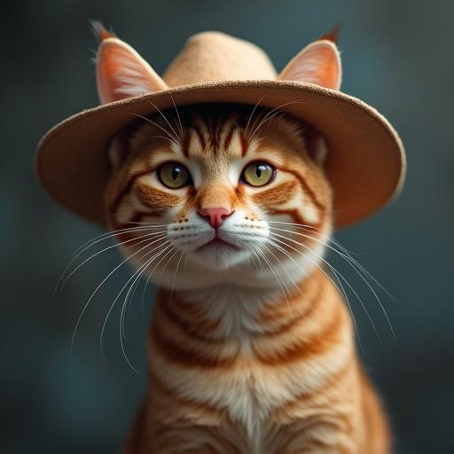 A cat with a stylish hat poses elegantly and looks directly at the viewer.