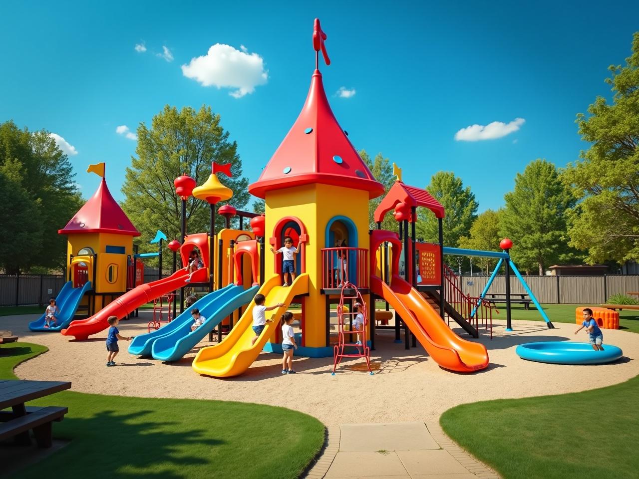 The image depicts a lively outdoor playground designed for children. At the center stands a whimsical house shaped like a red and yellow rocket. Surrounding it are various colorful slides, swings, and climbing structures, all designed for fun and safety. Children can be seen joyfully playing, contributing to the cheerful atmosphere. The sky above is bright blue and clear, complementing the vibrant colors of the playground equipment. Additionally, a water play area and sandbox are visible nearby, along with a picnic table, creating a complete play experience. Safety is ensured with a lock-enclosed area.