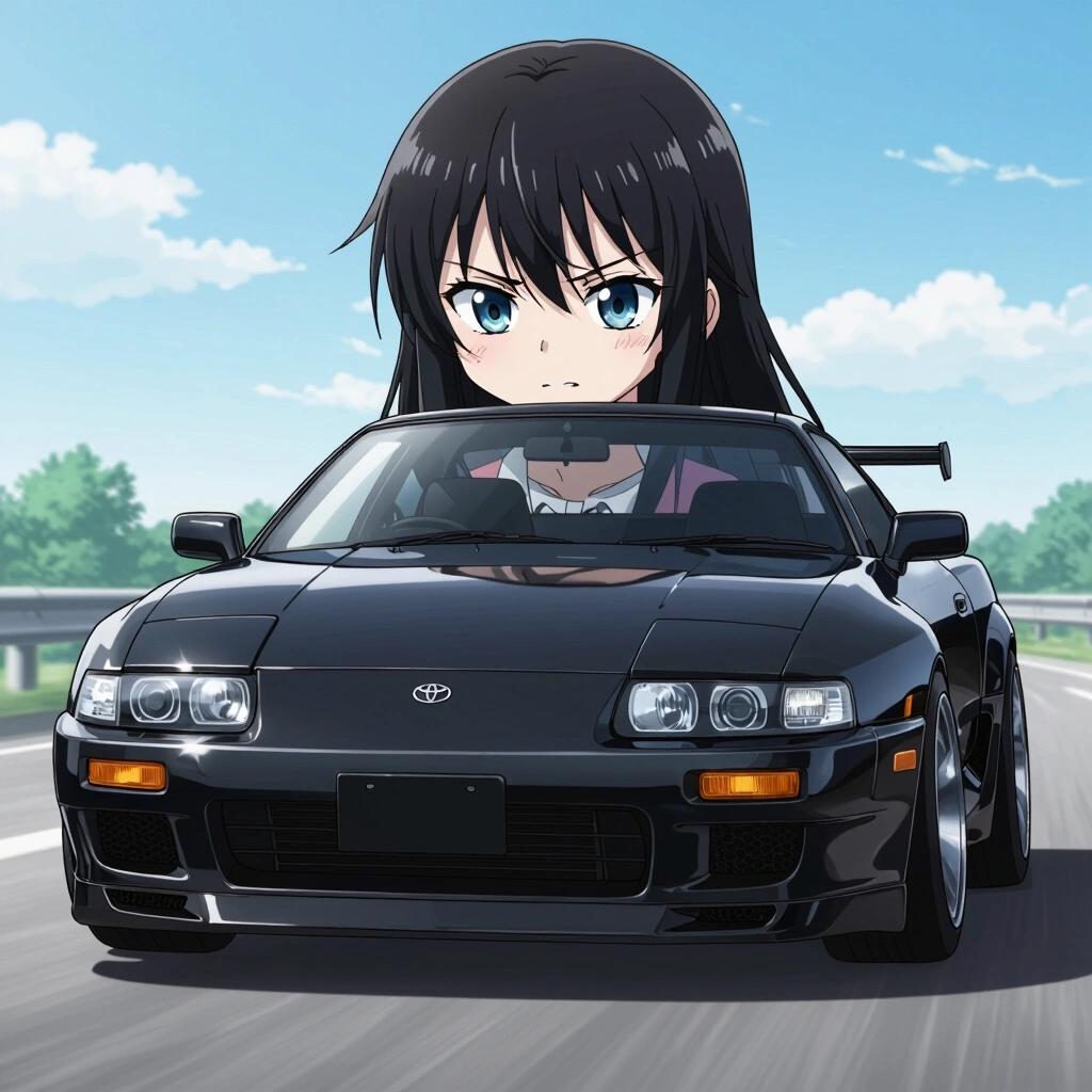 An anthropomorphic car has a human face. Black Toyota Supra MK3 from the 1980s is shown. Background includes a winding road and clear blue skies. The windshield displays a yandere expression. The overall scene conveys a sense of speed and unique character design.