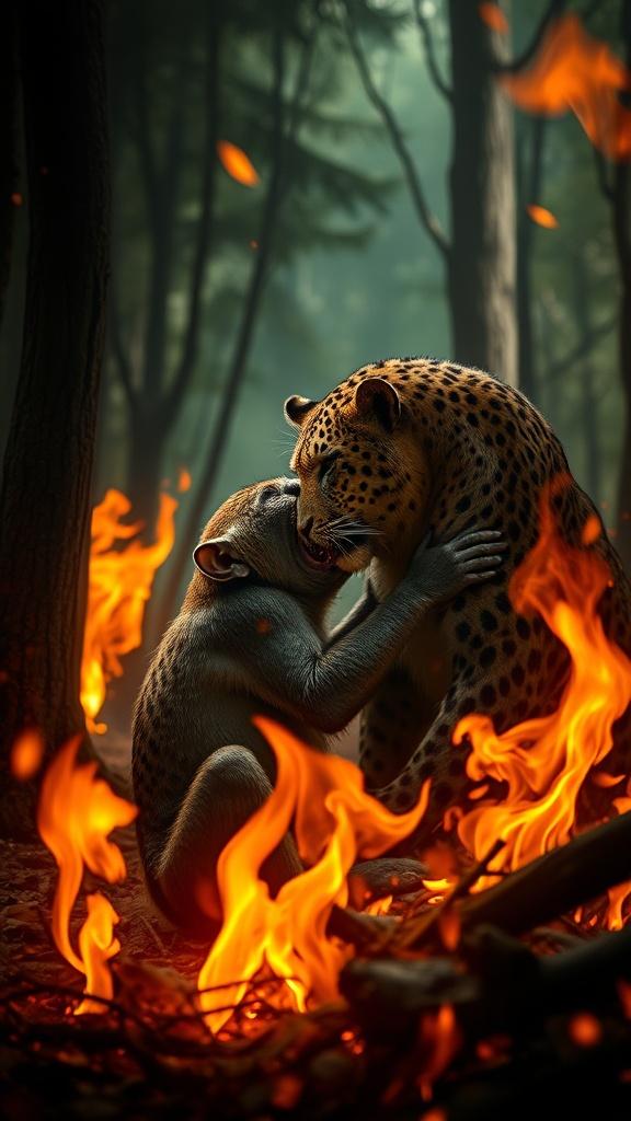 A leopard and a monkey embracing amidst a fiery forest.