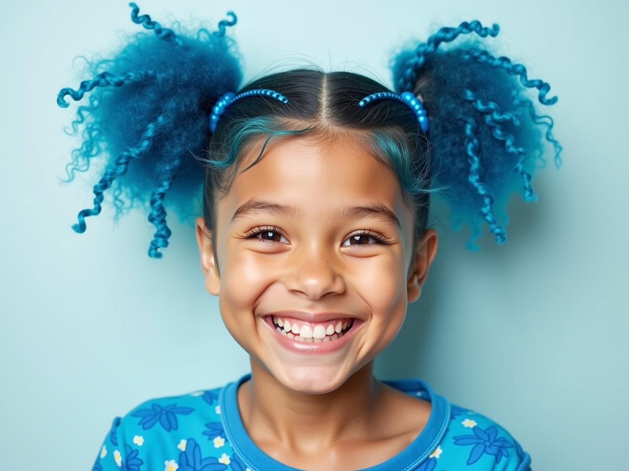 A front view of a person with vibrant blue hair styled in two large, playful pigtails. The hair features intricate braids mixed in with the loose curls. The individual has a bright smile, showcasing a cheerful demeanor. They are wearing a blue garment with patterns, adding a touch of color to the scene. The background is simple and light, drawing attention to the expressive facial features.