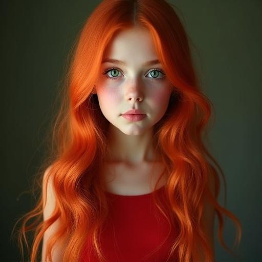 Portrait of a girl with long orange wavy hair and cat eyes. She is wearing a red dress. Her eyes are green-blue in color.