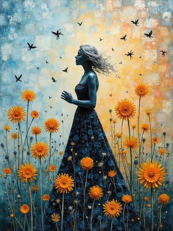 A silhouette of a woman in a dress surrounded by dandelions and birds. The background features a gradient from blue to orange, creating an ethereal atmosphere.