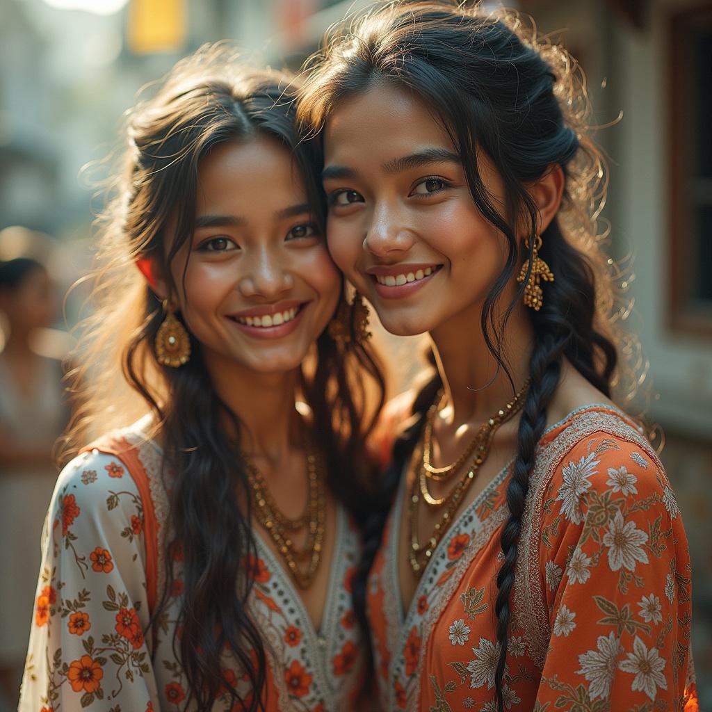 Two women wearing traditional attire, standing closely together in a festive atmosphere. Both have long hair styled elegantly and are adorned with multiple necklaces and accessories. The background shows a warm, blurred out street scene, enhancing the focus on the women and their attire.