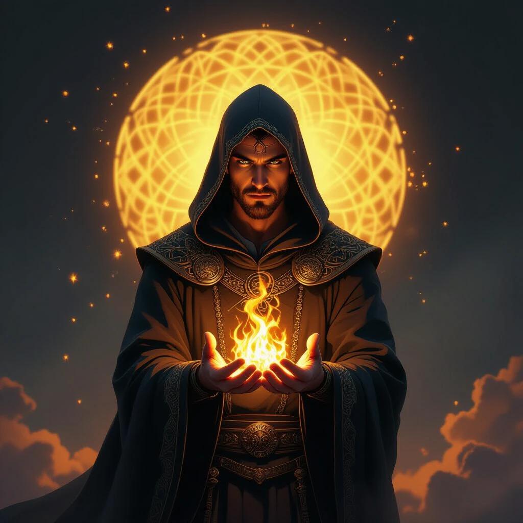 This image features a mystical atmosphere with a glowing circular pattern in the background. The character, dressed in metallic attire, holds a flame in their hands with a focused expression. The overall tone is warm yellow, creating a magical world vibe. The style blends photography with digital art, enhancing visual impact through detail and lighting.