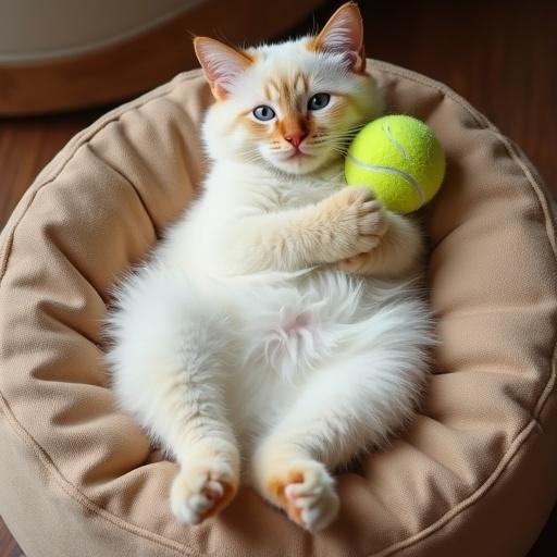 Snapshot photo of a cream colored ragdoll cat with orange markings holding a green tennis ball in a large papasan chair with a light brown cushion.