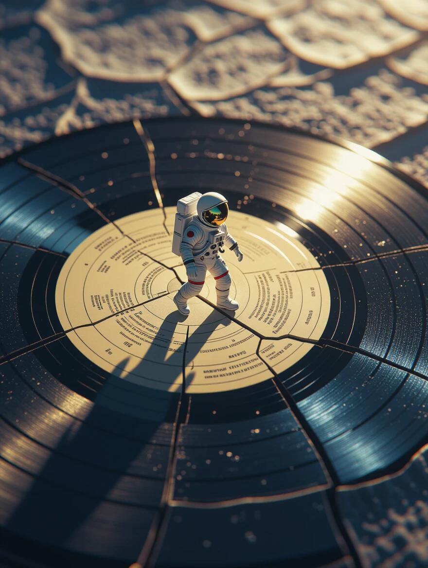 High angle shot features a tiny astronaut walking on a cracked vinyl record resembling a planet surface. Dramatic lighting enhances surreal concept. Dreamlike atmosphere with detailed textures. Fantasy editorial illustration.
