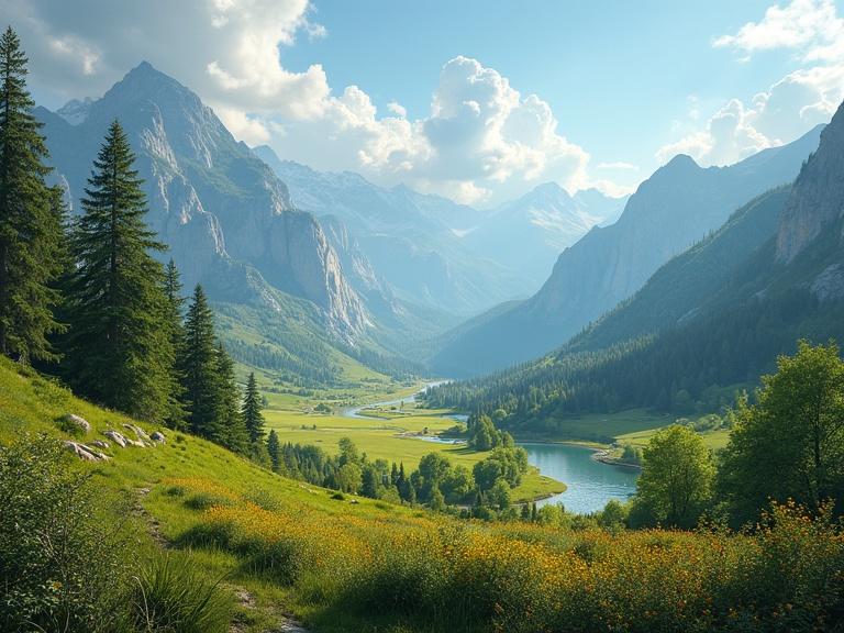 A beautiful landscape featuring mountains, a winding river, lush green valleys, and vibrant flowers under a blue sky with clouds.