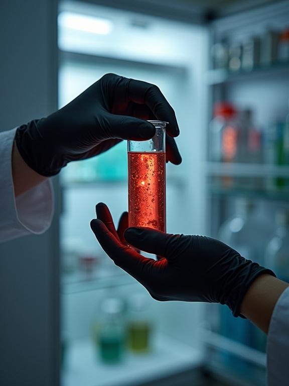 Hyper-realistic scientific product photograph. Dark amber dropper against backlight centered over transparent laboratory glass. Multiple glass pieces surrounding including spiral chiller and flasks. Black gloved hands subtly interacting with the dropper. Bright high contrast lighting, white background. Sharp reflections and defined shadows. Focus on illuminated amber vial. Palette includes white, gray, black, amber, gold. Style is laboratory, precise, controlled.