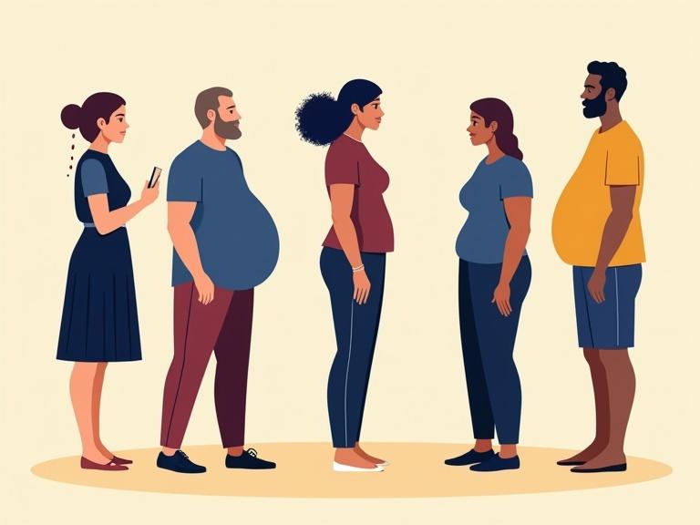Illustration shows a diverse group of people with various body shapes and ages standing in a line. Characters represent different ethnicities and genders. They hold no objects and are in profile view. The background is a pale yellow. Dominant colors used are navy blue and maroons.