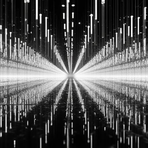 Room filled with hanging mirrors and suspended lights depicts digital installation. The art style is immersive and conceptual. Designed in the style of Yayoi Kusama with ultra high resolution. Shows infinite reflections and spatial distortion. Color scheme features silver, black, and white under surreal ambient light.