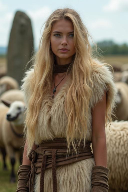 A beautiful young woman with long blonde hair. She has bright blue eyes. She wears a wolf fur tunic and boots. She is herding sheep near a neolithic village. A dolmen is in the background.