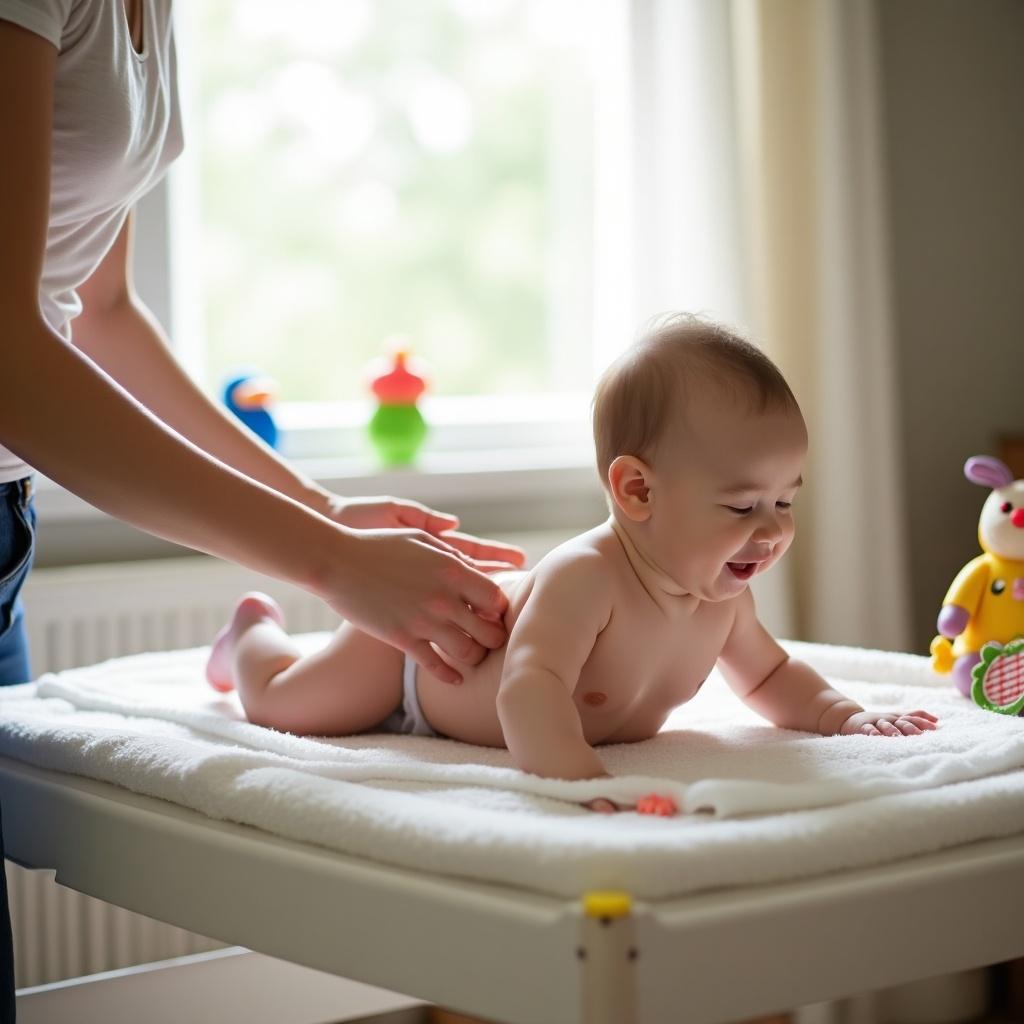 Baby on changing table smiling during diaper change. The caregiver gently holds the baby. Toys are visible in background. Soft natural light brightens the scene.