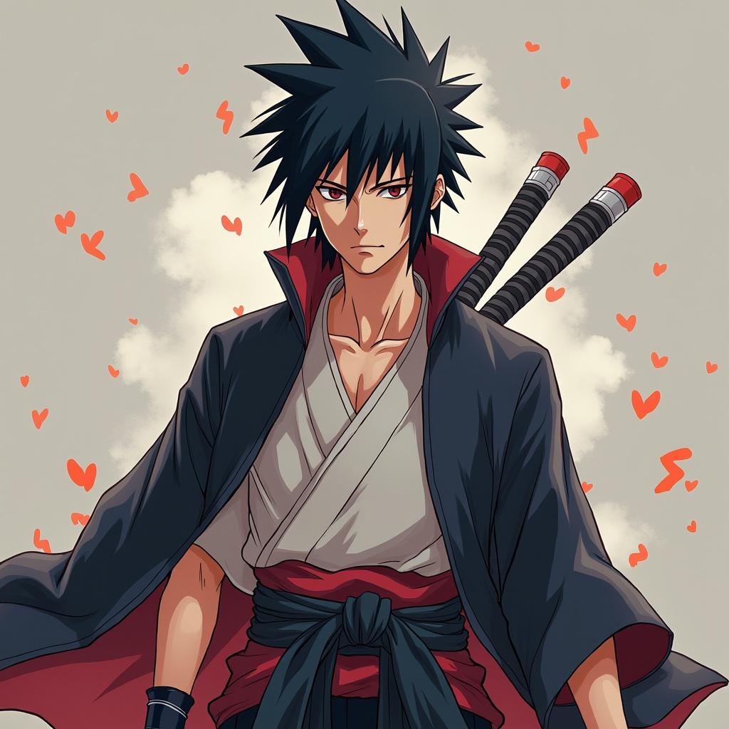 Character wearing a black coat with swords on the back. Character has spiky black hair. The background is light with hearts.