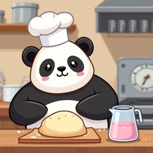 Chubby panda chef wearing a tall white hat making bamboo shoot cake in the kitchen. Kneaded dough on the chopping board with pink milk pouring from pot. Oven pointer as a smiling face. Panda on left side of picture with vibrant kitchen background. Bright and lively colors with rounded lines for cuteness.