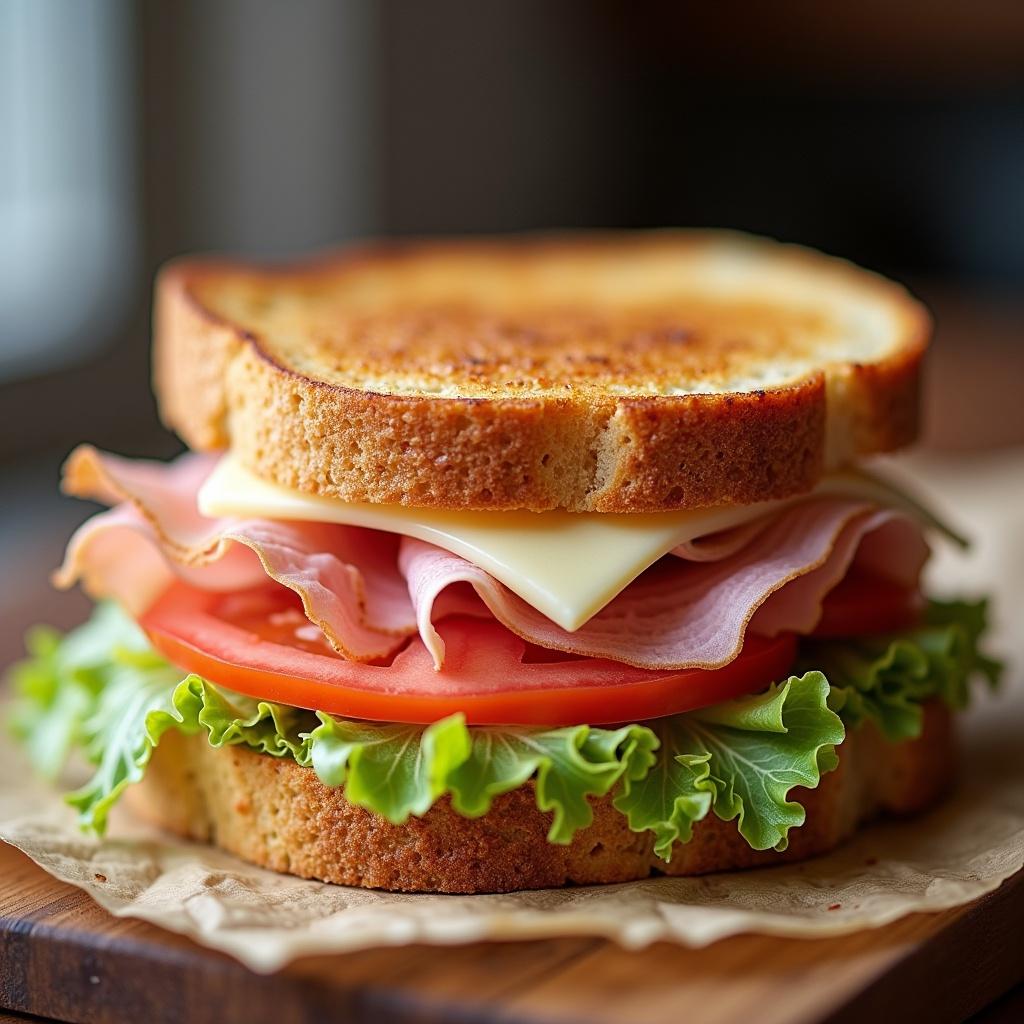 A close-up shot of a delicious ham and white cheese toast sandwich. It features layers of fresh iceberg lettuce, slices of tomato, and ham, all nestled between two golden brown pieces of toasted bread. The sandwich has a hearty look, inviting and appealing to anyone who sees it. The ingredients are stacked neatly, showcasing the vibrant colors of the lettuce and tomatoes. This image could inspire quick lunch ideas or recipes for a simple yet satisfying meal.