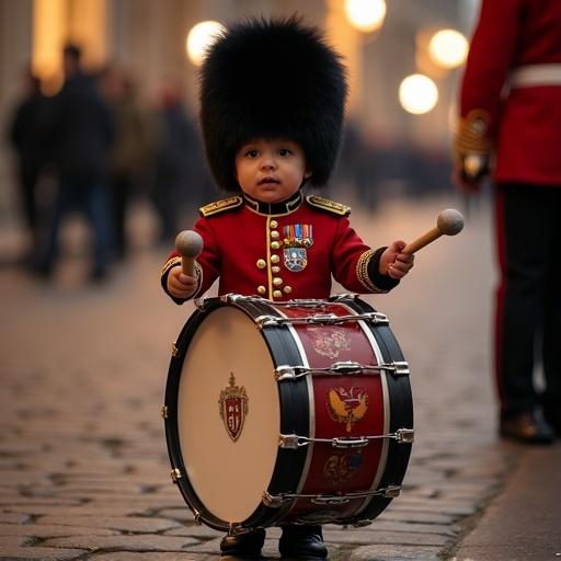 Hyper-realistic photo of a baby drummer in a British royal guard uniform playing a large bass drum. The child holds mallets, striking the drum strapped to them. The drum features heraldic emblems. They wear a red jacket with gold details and a tall black bearskin hat. The background shows a nighttime parade with stone pavement.