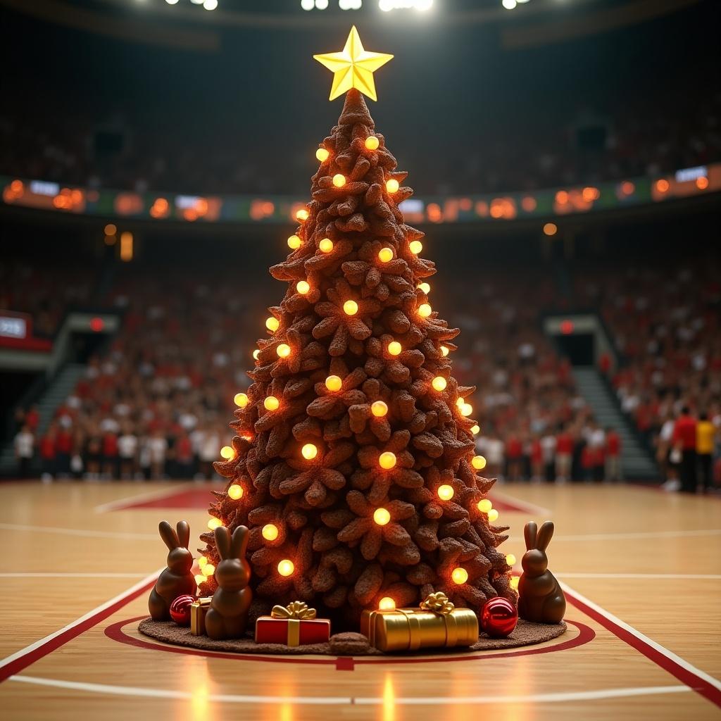 Christmas tree crafted from chocolate and candy presents underneath. Centered on a basketball court. Warm lights illuminating the tree. Chocolate bunnies beside the gifts.