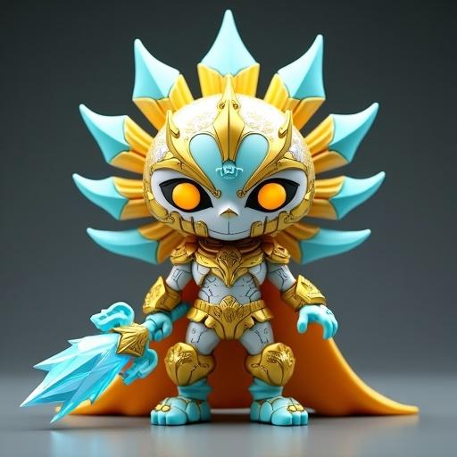 Design a fantasy monster toy inspired by early 2000s Italian collectibles. The toy is called Radiant Sovereign, a luminous leader from the Tribe of Light. He stands 14.5 cm tall with a molded plastic look typical of pre-2005 PVC action figures. His body has segmented shapes with gold and white panels, and yellow circuit patterns that glow. The face is a sun-shaped mask with golden eyes and light blue symbols. He has wing-like appendages made of yellow prisms and a spiked crown. In his right hand, he holds a Frozen Light Lance made of icy-blue plastic with gold accents. Use a PVC palette featuring metallic gold, matte white, light blue, and translucent yellow.