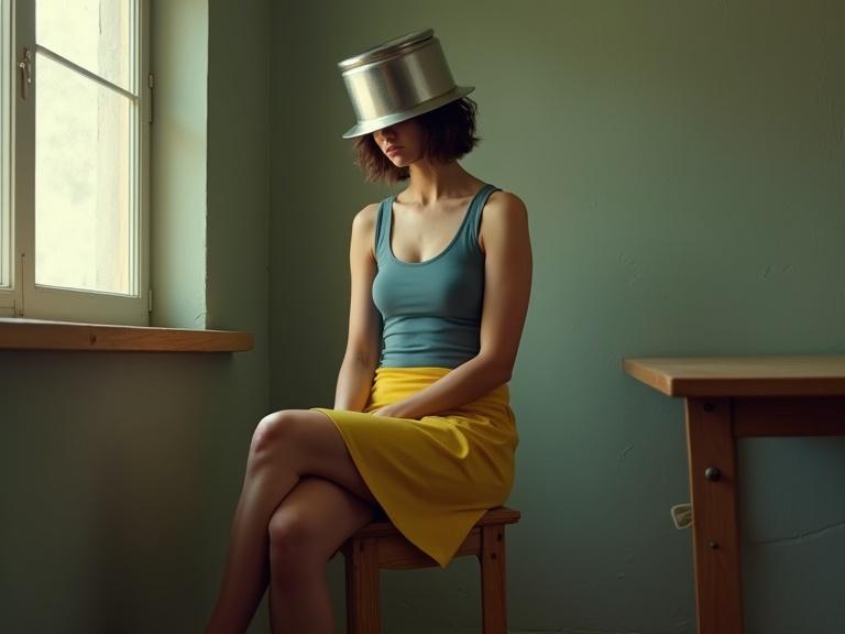 A woman sits calmly on a wooden stool wearing a yellow skirt and blue tank top. Metal pot worn upside down like a hat. Scene set in a modest interior with natural light from a window. Shadows cast create a sense of time. Emphasizes introspection and irony.