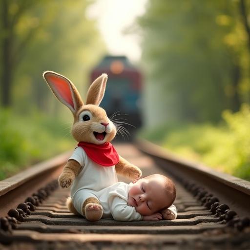 A scene features a rabbit toy and a sleeping baby on train tracks. The background shows a passing train. The baby has a red bib and a white dress. Soft natural light enhances a playful tone with lush greenery lining the path.