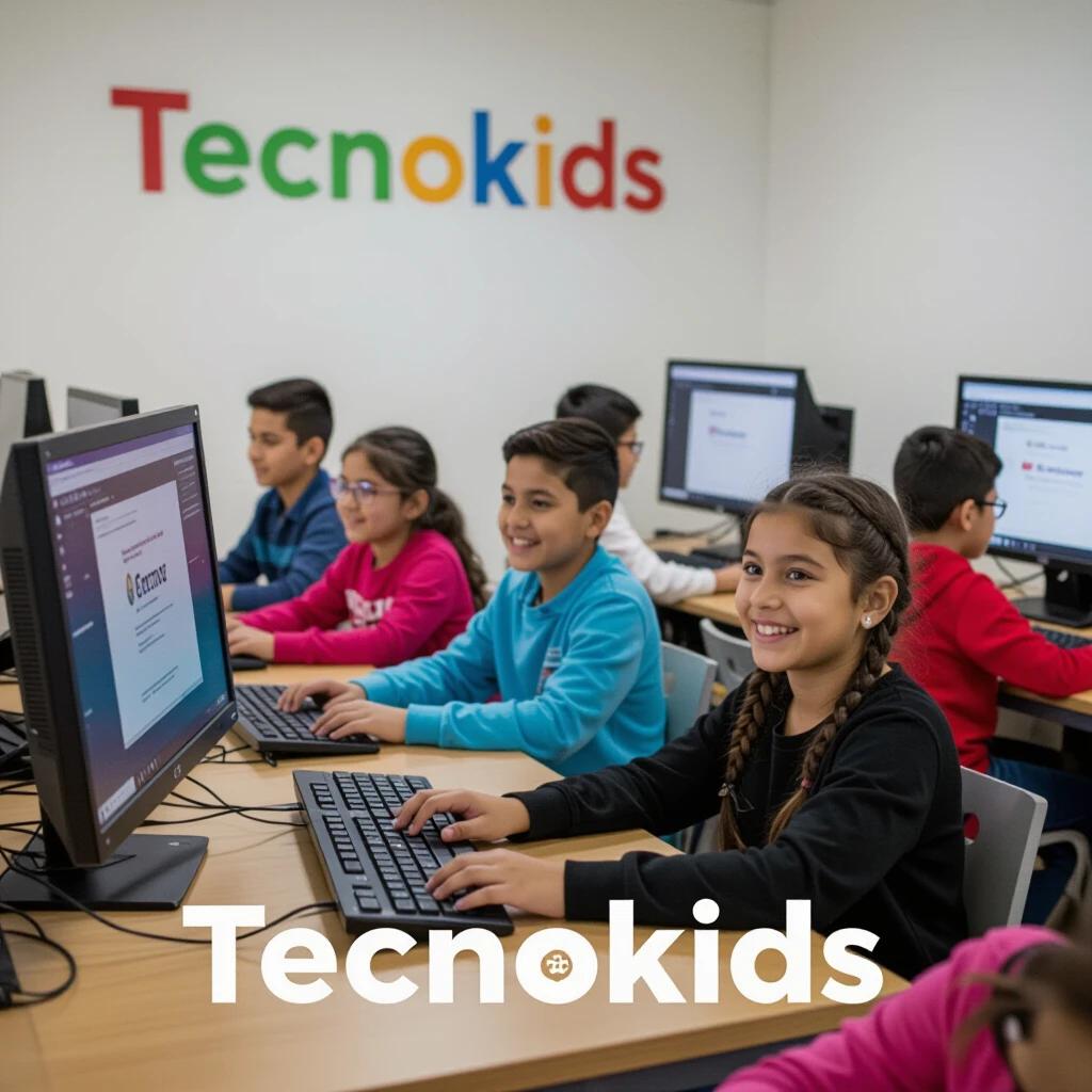Classroom with children learning technology. Several children typing on computers. Brightly colored classroom. The word 'tecnokids' displayed prominently. Children appear engaged and happy during the lesson.