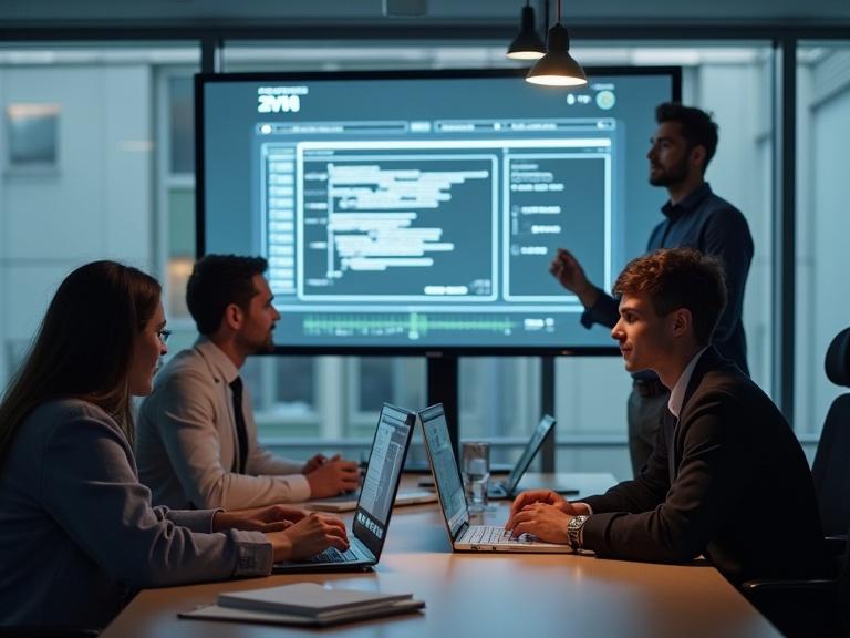 Team collaborates with AI tools in modern office space. Professionals gathered around table with laptop. Display screen shows digital data visualization. Soft lighting creates focused work environment.