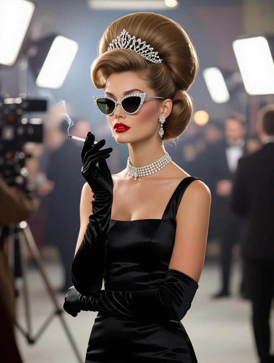A portrait of a 1960s woman with a beehive hairstyle. She wears a diamond tiara and cat-eye sunglasses. Holds a cigarette. Mod mini-dress, elbow-length gloves, knee-high boots. Setting is a film set with bright lights and cameras. Style reminiscent of David Bailey.