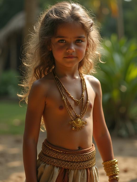 A young girl wears a loin cloth and gold jewelry. She stands with a serious expression in a garden setting. Her hair is curly and she is adorned with multiple gold necklaces and bracelets.