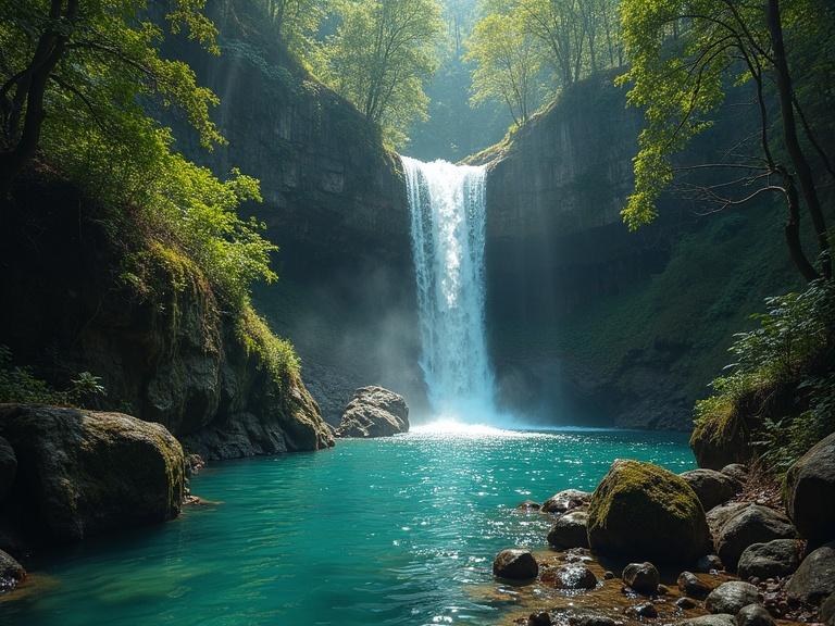 Beautiful waterfall surrounded by lush trees and rocks. Clear turquoise water pool at the base of the waterfall. Soft sunlight illuminating the scene.