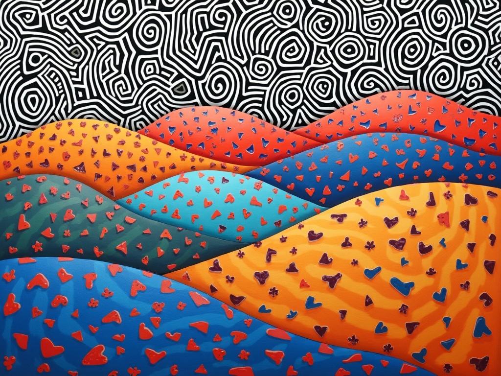 Colorful surreal landscape with rolling hills adorned with heart shapes against a black and white patterned sky.