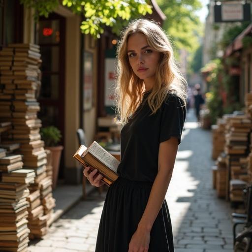 Woman wearing a black T-shirt and midi skirt stands near an old street bookstore. She holds a book and is surrounded by stacked books and vintage signs. Dappled sunlight filters through trees. The scene has a nostalgic Parisian street vibe with her facing the camera.