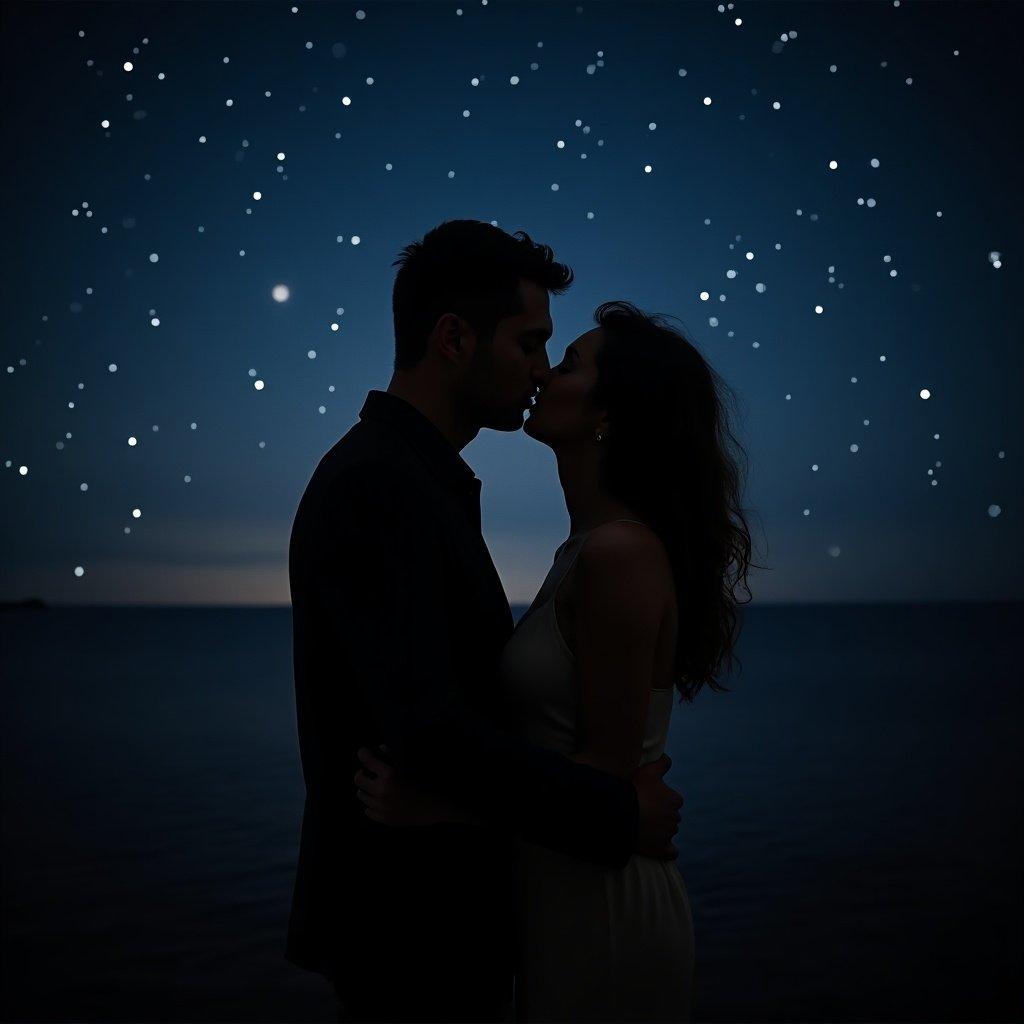 Couple kissing in a dark night under the sky with stars.