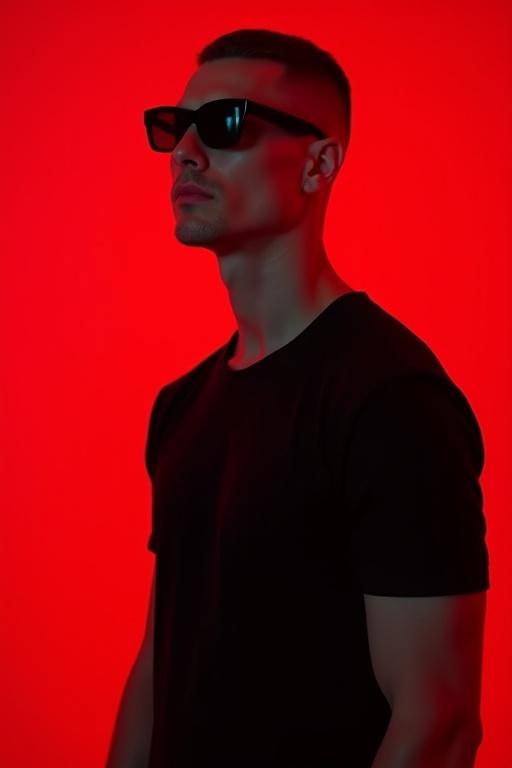 Highly stylized portrait of a person with sharp features and fair skin wearing a black t-shirt and sunglasses. The individual stands confidently against a bold red gradient backdrop. Dramatic lighting accentuates facial structure. Ultra-realistic editorial photography style. High detail, 4K resolution, symmetrical composition, minimal background elements, 4:3 ratio.