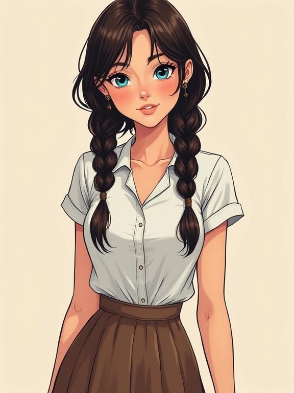 Full body portrait of a teenage girl. Caucasian features with rosy cheeks. Small upturned nose and cupid's bow lips. Bright blue eyes and long straight dark brown hair styled in two braids. Petite slender body with a flat chest and tiny waist. Wearing a long skirt and a button-up blouse with no makeup.