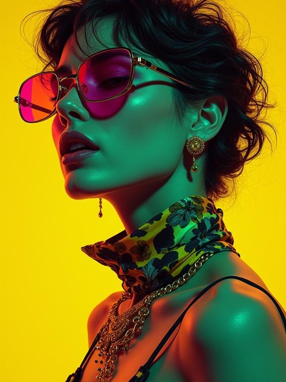 Stylish portrait of a woman in colorful shades. Subject wears oversized magenta sunglasses. Background blends rich yellow with burnt sienna. Detailed accessories and vibrant colors amplify the aesthetic. Profile view emphasizes the subject's attire.