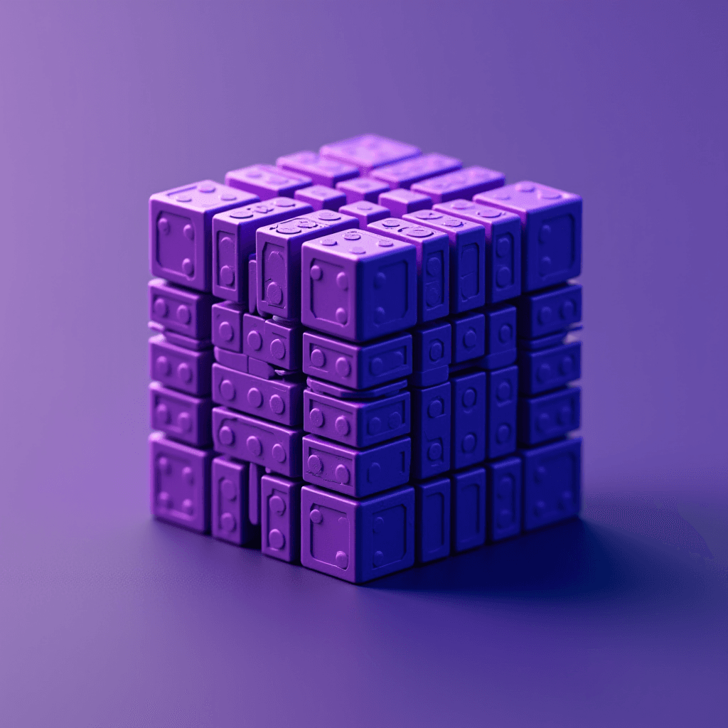 A highly detailed purple cube composed of smaller dice-like blocks on a gradient background.