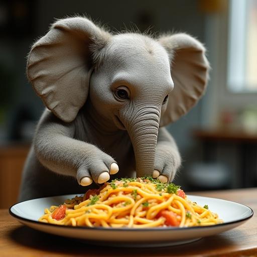 Elephant reaching for spaghetti on a plate. The elephant looks playful. Soft warm lighting fills the room. Short focus on the dish. Kitchen setting with inviting atmosphere.