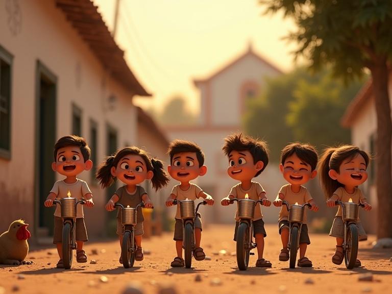 A group of children rides improvised motorcycles made from cans and sticks in a small rural town. Dusty road and warm evening light enhance the setting. Houses with whitewashed walls surround the scene. Warm sunset light creates vibrant colors and soft shadows. Children display excitement and curiosity. Some carry matches; others help light candles inside the cans. Details include animals like chickens and a dog in the background.