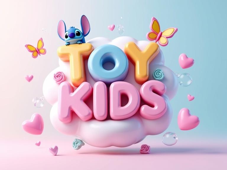 3D text 'TOY KIDS' floating in the air with colorful paint splashes. Two butterflies and a fluffy character. Hearts floating and a realistic cloud surrounded by soap bubbles. Candy decorations in a pastel gradient background.